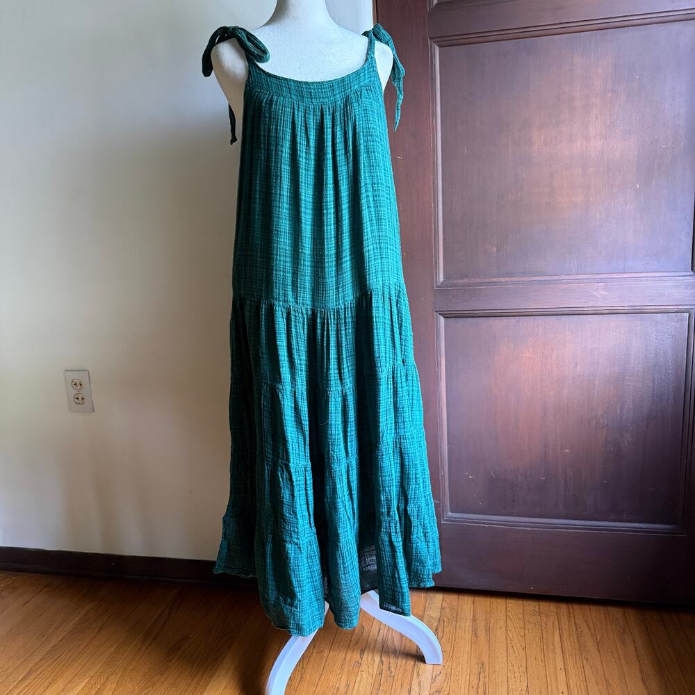 DOLAN | Amalisa Tiered Midi Dress Green Plaid Gauze Tie Shoulder | Size Medium